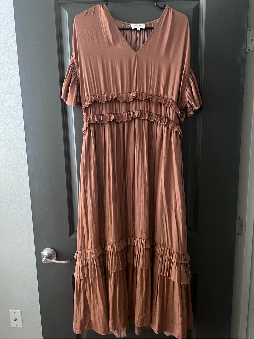Bohme Rust Tiered Ruffle V-Neck Maxi Dress